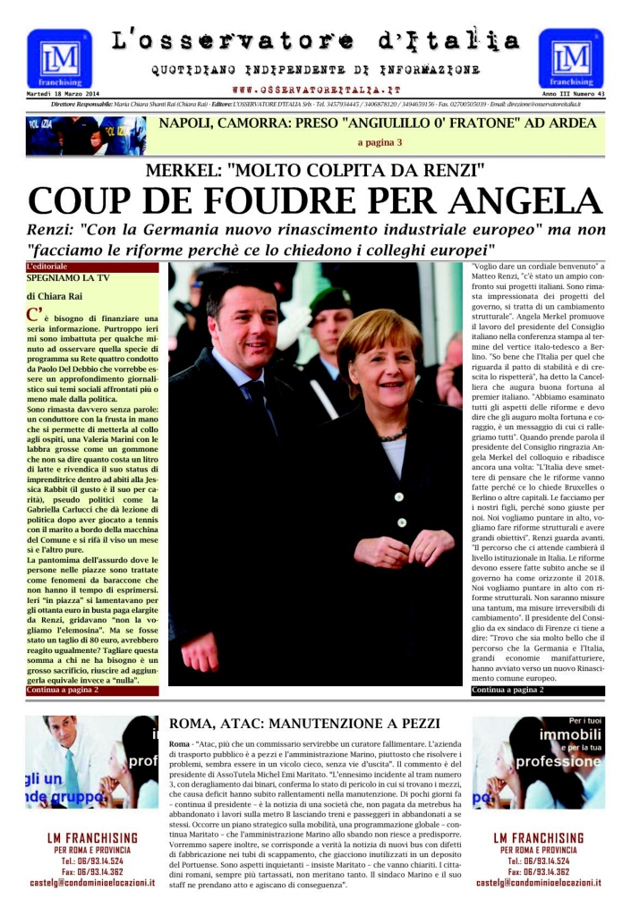 L'osservatore d'Italia edizione del 18 Marzo 2014